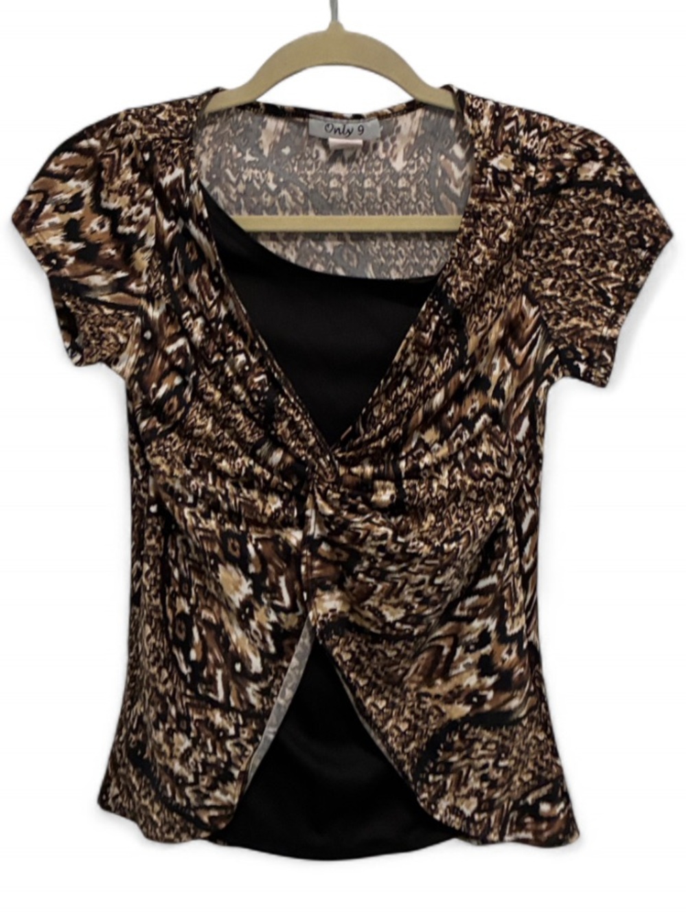Y2K Brown and Black Artsy Abstract Print Twist Front Short Sleeve Blouse